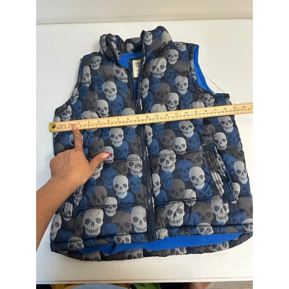 Old Navy Boys Medium 8 Skull Print Puffer Vest Blue Fleece Lined Zip Up‎ 3290